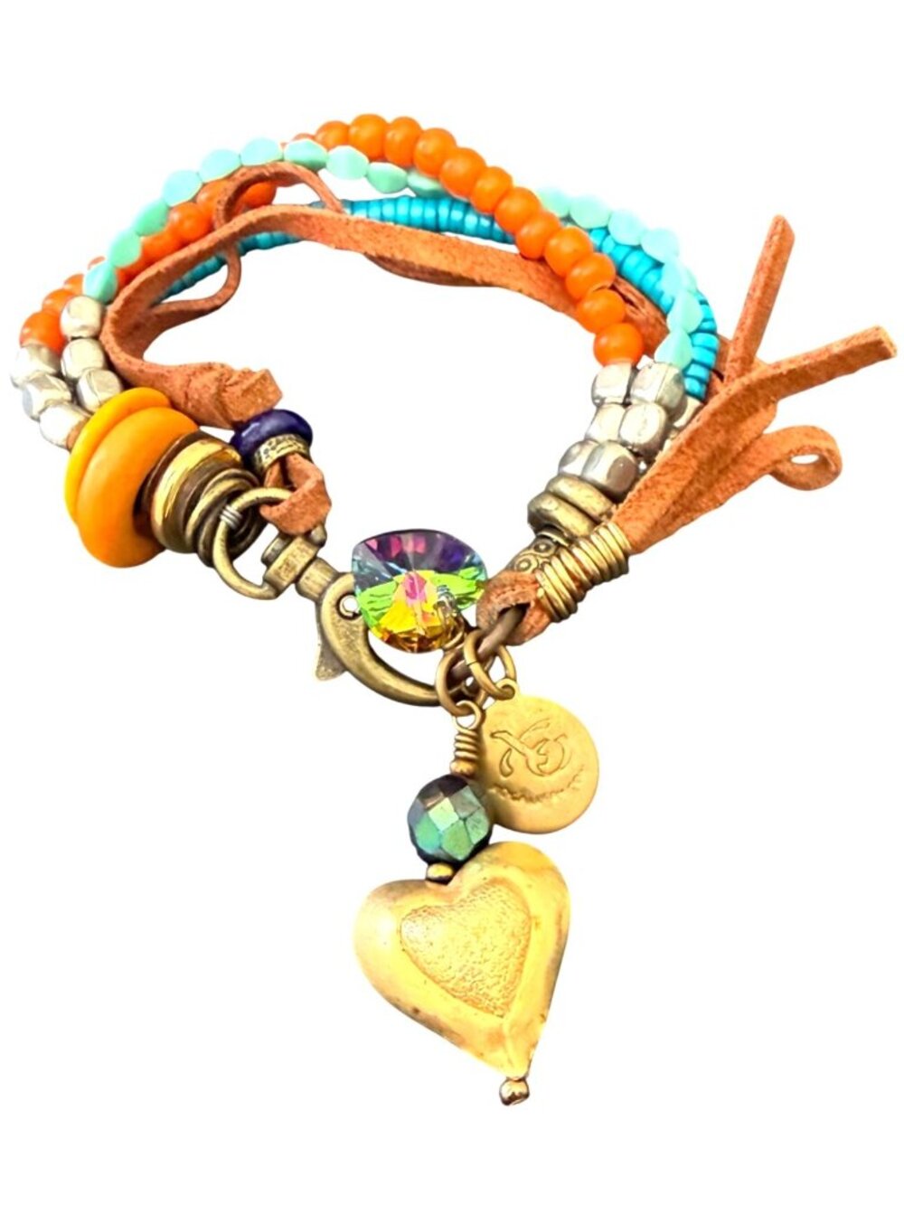 Yoga Gallery Bracelet Multi Strand Beaded Bohemian Y2K Heart Charm Gold Tone